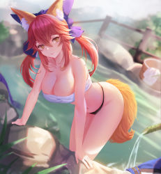 Rule 34 | 1girl, animal ear fluff, animal ears, bare shoulders, bath, bathing, blue bow, blush, bow, breasts, bucket, cleavage, closed mouth, collarbone, fate/extra, fate (series), fox ears, fox girl, fox tail, hair between eyes, hair bow, large breasts, long hair, looking at viewer, navel, onsen, pink hair, rock, sansan (dongfangzhong111), sidelocks, smile, solo, steam, tail, tamamo (fate), tamamo no mae (fate/extra), thighs, towel, twintails, wading, water, wet, wooden bucket, yellow eyes