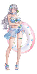 Rule 34 | 1girl, absurdres, bare arms, bare legs, bare shoulders, bikini, blue bikini, blue flower, blue footwear, braid, breasts, cleavage, curly hair, feet, flower, frilled bikini, frills, full body, green ribbon, grey hair, gui mi, hair between eyes, hair flower, hair ornament, hair ribbon, hairclip, high heels, highres, holding, holding swim ring, innertube, large breasts, legs, lian (vtuber), long hair, looking at viewer, navel, official art, pink eyes, pink innertube, ribbon, sandals, sarong, see-through, see-through sarong, side braids, sixiwanzi, smile, solo, standing, strappy heels, swim ring, swimsuit, tachi-e, thigh strap, toenails, toes, virtual youtuber, white background