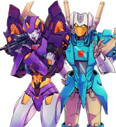 Rule 34 | 1boy, 1girl, aiming, autobot, blue eyes, brainstorm (transformers), commentary, commission, dataglitch, english commentary, gun, hand on own hip, highres, holding, holding gun, holding weapon, nautica (transformers), open hand, the transformers (idw), transformers, visor, weapon, white background