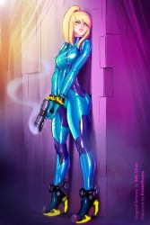Rule 34 | 1girl, against wall, bbc-chan, blonde hair, blue eyes, bodysuit, boots, breasts, colorized, eroticphobia, gun, handgun, hiding, high heel boots, high heels, high ponytail, highres, holding, holding gun, holding weapon, lips, long hair, medium breasts, metroid, nintendo, pistol, samus aran, shiny clothes, skin tight, solo, thick thighs, thighs, trigger discipline, weapon, zero suit