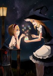 Rule 34 | 2girls, against railing, alice margatroid, apron, black legwear, blonde hair, blue eyes, blush, bow, braid, capelet, dress, eye contact, flylive, hair bow, hairband, hat, highres, kirisame marisa, lamppost, lantern, long hair, looking at another, magic, multiple girls, night, open mouth, outdoors, profile, railing, ribbon, sash, short hair, skirt, sky, smile, star (sky), starry sky, touhou, vest, waist apron, witch hat, yellow eyes