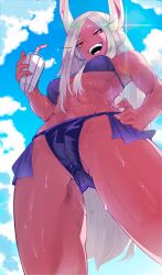 1girl :d abs absurdres animal_ears bikini blue_sky boku_no_hero_academia breasts clauschristmas cloud cloudy_sky commentary dark-skinned_female dark_skin drink drinking_straw english_commentary from_below hair_between_breasts hand_on_own_hip highres holding holding_drink large_breasts long_eyelashes long_hair looking_at_viewer mirko navel open_mouth parted_bangs purple_bikini rabbit_ears rabbit_girl raised_eyebrow red_eyes sky smile solo stomach sunlight sweat swimsuit teeth thick_thighs thighs toned_female very_long_hair wet white_hair