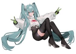Rule 34 | :o, ahoge, bebe (bebe pp), black thighhighs, blue eyes, blue hair, bodystocking, commentary, covered navel, cropped jacket, crossed bangs, double v, gloves, green gloves, hair between eyes, hatsune miku, high heels, highres, jacket, knees up, long hair, long sleeves, open mouth, outstretched arms, racing miku, racing miku (2022), simple background, thighhighs, twintails, v, very long hair, vocaloid, white background, white jacket