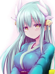 Rule 34 | 1girl, blush, breasts, closed mouth, commentary request, fate/grand order, fate (series), green hair, green kimono, hair between eyes, hair ornament, half-closed eyes, japanese clothes, kimono, kiyohime (fate), large breasts, long hair, looking at viewer, sen (astronomy), smile, solo, tsurime, upper body, yellow eyes