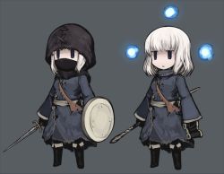 Rule 34 | 1girl, bad id, bad twitter id, binoculars, blue eyes, boots, chibi, commentary request, covered mouth, dagger, dark souls (series), dark souls i, dark souls ii, gloves, hood, jitome, knife, null (nyanpyoun), shield, silver hair, simple background, staff, sword, weapon, witch