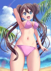 Rule 34 | 1girl, :d, absurdres, arm behind head, armpits, beach, bikini, blue eyes, blue sky, blush, breasts, brown hair, cameltoe, cleavage, cloud, commentary request, creatures (company), curvy, day, double bun, facing viewer, game freak, groin, hair bun, hair spread out, happy, highres, kajitsu no hito, large breasts, light rays, long hair, looking at viewer, low twintails, midriff, mountainous horizon, navel, nintendo, ocean, open mouth, outdoors, palm tree, pink bikini, pokemon, pokemon bw2, rosa (pokemon), shiny skin, sidelocks, sky, smile, solo, stomach, swimsuit, thighs, tree, twintails, very long hair, wide-eyed