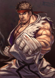 Rule 34 | &gt;:(, 1boy, asutora, bandages, bandaged hand, bandages, belt, black belt, blue eyes, brown hair, clenched hands, closed mouth, commentary request, cowboy shot, fighting stance, fingerless gloves, foreshortening, frown, gloves, headband, highres, looking at viewer, male focus, manly, muscular, pants, red headband, ryu (street fighter), sleeveless, solo, standing, street fighter, torn clothes, v-shaped eyebrows, white pants