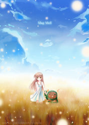 Rule 34 | 00s, 1girl, artist name, blue sky, brown eyes, brown hair, clannad, day, dress, field, garbage doll, girl from the illusionary world, green eyes, heterochromia, highres, holding own arm, long hair, looking at viewer, official art, outdoors, red eyes, sky, standing, watermark, web address, white dress, xephonia