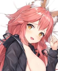 Rule 34 | 1girl, animal ears, black jacket, blush, breasts, commentary request, fangs, fate/grand order, fate (series), fox ears, gedou (shigure seishin), hair between eyes, jacket, large breasts, long sleeves, looking at viewer, lying, no bra, on side, open clothes, open jacket, open mouth, pink hair, smile, solo, tamamo (fate), tamamo no mae (fate/extra)