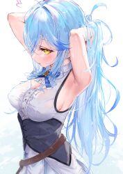 Rule 34 | 1girl, absurdres, adjusting hair, ahoge, armpits, belt, blue hair, blush, breasts, cleavage, cleavage cutout, clothing cutout, corset, gyoku seisyoku, heart, heart ahoge, highres, hololive, long hair, looking at viewer, looking to the side, medium breasts, simple background, virtual youtuber, wet, wet clothes, white background, yellow eyes, yukihana lamy, yukihana lamy (1st costume)
