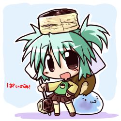 Rule 34 | 1girl, :d, blush stickers, brown eyes, chibi, food, green hair, holding, ikkyuu, lotte pie, object on head, open mouth, personification, skirt, smile, solo, standing, tail, two side up