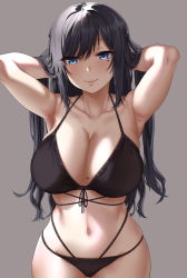 Rule 34 | 1girl, armpits, arms up, bikini, black bikini, black hair, blue eyes, blush, breasts, cleavage, closed mouth, collarbone, commentary request, cowboy shot, halterneck, highres, huge breasts, jack dempa, long hair, looking at viewer, mole, mole on breast, mole under eye, navel, original, sidelocks, simple background, smile, solo, stomach, swimsuit