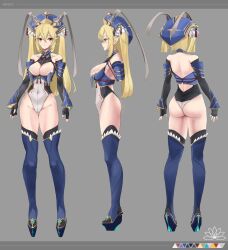 Rule 34 | 1girl, artist name, protagonist (pso2), ayamo kaoru, black gloves, blonde hair, blue footwear, blue headwear, blue thighhighs, breasts, character sheet, cleavage, cleavage cutout, clothing cutout, collarbone, commentary request, commission, covered navel, elbow gloves, fingerless gloves, flower, from behind, from side, full body, gloves, gold trim, grey background, hair between eyes, high heels, highleg, highleg leotard, highres, large breasts, leotard, long hair, long sleeves, looking at viewer, multiple views, numako (pizza kanon), original, parted lips, phantasy star, phantasy star online 2, pointy ears, red eyes, second-party source, sidelocks, skeb commission, tassel, thighhighs, two side up, white leotard, wide sleeves