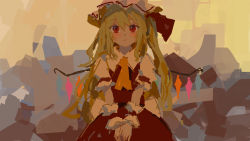 Rule 34 | ascot, bat wings, blonde hair, bow, crystal, flandre scarlet, frilled shirt, frilled shirt collar, frilled skirt, frilled sleeves, frills, hat, hat ribbon, highres, laevatein, medium hair, mob cap, no lineart, puffy short sleeves, puffy sleeves, red bow, red eyes, red ribbon, red skirt, red vest, reddizen, ribbon, shirt, short sleeves, siblings, side ponytail, sisters, skirt, skirt set, solo, touhou, vest, white shirt, wings, wrist cuffs, yellow ascot