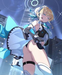 Rule 34 | 1girl, :/, absurdres, apron, ass, bare shoulders, black gloves, black leotard, blonde hair, blue archive, blue bow, blue bowtie, blue eyes, blue ribbon, bow, bowtie, breasts, building, bun cover, chest harness, closed mouth, cowboy shot, earpiece, elbow gloves, fingerless gloves, frilled hairband, frills, from below, gloves, hair bun, hair ribbon, hairband, halo, harness, headset, highres, holding, holding suitcase, leotard, looking at viewer, looking down, maid apron, maid headdress, night, night sky, pouch, ribbon, short hair, sidelocks, sky, skyscraper, small breasts, solo, suitcase, tamago (eva1314056), thigh strap, thighhighs, thighs, toki (blue archive), waist bow, white apron, white thighhighs