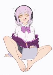 Rule 34 | +++, 10s, 1girl, barefoot, blouse, bow, bowtie, closed eyes, collared shirt, feet, glasses, grey background, gridman universe, headphones, light purple hair, open mouth, purple bow, purple bowtie, shinjou akane, shirt, simple background, sitting, soles, solo, ssss.gridman, toes, white shirt
