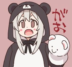 Rule 34 | 1girl, :o, animal hood, bear hood, blush stickers, brown eyes, c:, commentary request, dot nose, fang, gao, hair between eyes, hand puppet, hood, hood up, looking at viewer, nekotoufu, official art, onii-chan wa oshimai!, oyama mahiro, pink background, puppet, sidelocks, simple background, smile, solo, upper body, white hair