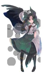 Rule 34 | 1girl, ahoge, arm behind back, asymmetrical legwear, bird wings, black footwear, black hair, black socks, black thighhighs, black wings, bow, brown eyes, buttons, cape, character name, closed mouth, collared shirt, commentary, elbow gloves, expressionless, feathered wings, forehead, frilled shirt, frilled shirt collar, frills, full body, gloves, green bow, green skirt, hair bow, hand up, highres, kneehighs, kunreishiki, long hair, looking at viewer, o (crazyoton46), puffy short sleeves, puffy sleeves, radiation symbol, reiuji utsuho, romaji text, shirt, shoes, short sleeves, single elbow glove, single kneehigh, single sock, single thighhigh, skirt, socks, solo, standing, starry sky print, thighhighs, third eye, touhou, white cape, white shirt, wings