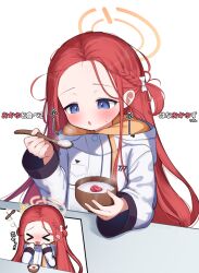 Rule 34 | &gt; &lt;, 1girl, blue archive, blush, bowl, commentary request, food, halo, highres, holding, holding bowl, holding spoon, jacket, long hair, long sleeves, multiple views, orange halo, parted lips, purple eyes, red hair, rice porridge, simple background, spoon, tongue, tongue out, translation request, waon (43ctw), white background, white jacket, yuzu (blue archive)