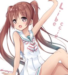 Rule 34 | 10s, 1girl, arm up, brown eyes, brown hair, character name, collarbone, dark-skinned female, dark skin, dress, eyebrows, fang, hair ribbon, highres, kantai collection, karumayu, libeccio (kancolle), long hair, looking at viewer, matching hair/eyes, open mouth, ribbon, signature, sketch, solo, twintails, white dress