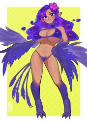 Rule 34 | 1girl, 333 (dqqqdle), bird legs, bird tail, blush, breasts, dark-skinned female, dark skin, feathered wings, feathers, flower, full body, hair flower, hair ornament, hand on own hip, harpy, highres, large breasts, liquid hair, monster girl, navel, original, pointy ears, pubic hair, purple eyes, purple hair, purple tail, purple wings, solo, swimsuit, tail, talons, winged arms, wings