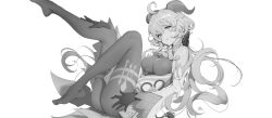 Rule 34 | 1girl, ahoge, breasts, ganyu (genshin impact), genshin impact, greyscale, highres, horns, large breasts, long hair, looking at viewer, lucidsky, monochrome, solo, thighs