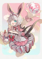 Rule 34 | 1girl, ahoge, animal ears, aqua eyes, bracelet, breasts, cleavage, clover, collar, dress, easter, easter egg, egg, elphelt valentine, four-leaf clover, guilty gear, guilty gear strive, hairband, highres, huge ahoge, jewelry, large breasts, looking at viewer, one eye closed, open mouth, pink dress, pink hairband, puffy short sleeves, puffy sleeves, rabbit ears, rabbit girl, rabbit tail, short hair, short sleeves, smile, spiked bracelet, spiked collar, spiked hairband, spikes, tail, two-tone dress, white dress, white hair, youmicitrustea