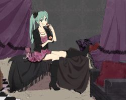 Rule 34 | 1girl, :q, aqua eyes, aqua hair, bad id, bad pixiv id, boots, chair, checkered floor, cupcake, curtains, cushion, dress, eating, floor, food, hat, hatsune miku, jewelry, kishida nica, knee boots, long hair, mini hat, mini top hat, nail polish, necklace, pink nails, shoes, single shoe, sitting, solo, tongue, tongue out, top hat, twintails, vocaloid