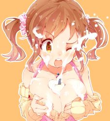 Rule 34 | 10s, 1girl, ;o, apron, between breasts, breasts, brown hair, bust cup, cleavage, cream, hato haru, heart, heart-shaped pupils, highres, idolmaster, idolmaster cinderella girls, large breasts, one eye closed, open mouth, sexually suggestive, solo, suggestive fluid, sweater, symbol-shaped pupils, totoki airi, twintails, wink