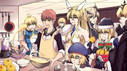 Rule 34 | 1254843053, 1boy, 6+girls, animal ears, apple, apron, artoria caster (fate), artoria caster (second ascension) (fate), artoria pendragon (all), artoria pendragon (alter swimsuit rider) (fate), artoria pendragon (fate), artoria pendragon (lancer) (fate), artoria pendragon (lancer alter) (fate), artoria pendragon (swimsuit ruler) (fate), beret, black bow, black gloves, black headwear, black jacket, blender (object), blonde hair, blue dress, blue headwear, blush, bow, breasts, cake, chicken leg, closed eyes, closed mouth, cooking, crown, dress, eating, emiya shirou, fate/grand order, fate/stay night, fate/zero, fate (series), food, fruit, fur, fur trim, gloves, green eyes, hair between eyes, hair bow, hat, highres, holding, house, jacket, kitchen, large breasts, long dress, long hair, multicolored bow, multiple girls, necktie, open mouth, orange eyes, orange hair, rabbit ears, red bow, red eyes, saber (fate), saber alter, santa alter, short hair, sitting, small breasts, smile, swimsuit, table, tableware, teeth, white fur, yellow apron