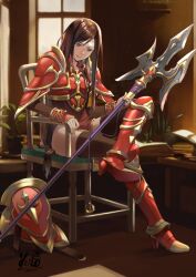 Rule 34 | 1girl, altena (fire emblem), arm guards, armor, armored boots, book, boots, breastplate, brown eyes, brown hair, chair, crossed legs, dated, fire emblem, fire emblem: genealogy of the holy war, greaves, headband, holding, holding polearm, holding weapon, indoors, kero sweet, long hair, nintendo, pauldrons, polearm, shoulder armor, signature, sitting, smile, solo, spear, thighhighs, weapon