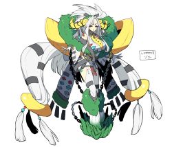 Rule 34 | 1girl, bow, breasts, chain, chained, chain, creatures (company), full body, game freak, gen 4 pokemon, gloves, green scarf, grey bow, hair bow, hair ornament, horn ornament, horns, large breasts, legendary pokemon, long hair, looking at viewer, nintendo, personification, pokemon, red eyes, regigigas, scarf, simple background, solo, two side up, very long hair, white background, white gloves, white hair, white legwear, zazaki