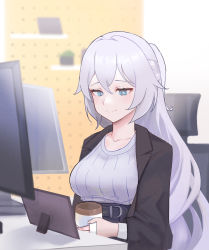 Rule 34 | 1girl, absurdres, black jacket, breasts, bronya zaychik, bronya zaychik (silverwing: n-ex), chair, closed mouth, cup, drill hair, grey eyes, grey hair, grey sweater, highres, holding, holding cup, honkai (series), honkai impact 3rd, indoors, jacket, long hair, long sleeves, maviss 03, monitor, mug, office, office chair, office lady, ponytail, portrait (object), sitting, smile, solo, sweater, swivel chair, twin drills
