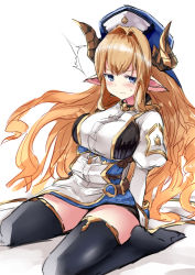 Rule 34 | 1girl, black thighhighs, blonde hair, blue eyes, blue hat, blush, breasts, draph, full body, granblue fantasy, hat, horns, large breasts, long hair, long sleeves, looking at viewer, no shoes, noa (nagareboshi), pointy ears, puffy sleeves, razia, simple background, sitting, sketch, solo, thighhighs, very long hair, wariza, white background, zettai ryouiki