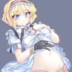 Rule 34 | 1girl, alice margatroid, alternate costume, bad id, bad pixiv id, black gloves, blonde hair, blue eyes, capelet, clothes lift, eyelashes, female focus, geppewi, gloves, hairband, jewelry, midriff, navel, puppet rings, ring, shirt lift, short hair, simple background, smile, solo, touhou, upper body