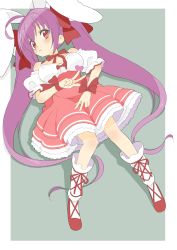 Rule 34 | 1girl, absurdres, ahoge, animal ears, bad id, bad twitter id, blush, border, closed mouth, copyright request, donguri suzume, dress, from above, full body, green background, highres, long hair, looking at viewer, lying, neck ribbon, on back, purple hair, rabbit ears, red dress, red eyes, red footwear, red ribbon, ribbon, shoes, simple background, solo, twintails, v, very long hair, white border, wrist bow
