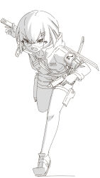 Rule 34 | 1girl, full body, goggles, greyscale, gun, hair between eyes, hair ornament, hairclip, handgun, highres, holding, holding gun, holding weapon, jacket, katana, kuro kosyou, long sleeves, monochrome, open mouth, original, shoes, short shorts, shorts, simple background, solo, standing, standing on one leg, sword, trigger discipline, v-shaped eyebrows, weapon, white background