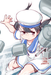 Rule 34 | 1girl, black hair, blue collar, blue sailor collar, blurry, collar, depth charge, depth of field, dress, hat, highres, kantai collection, kutone shirika, purple eyes, sailor collar, sailor dress, sailor hat, short hair, short sleeves, shounan (kancolle), solo, throwing, twintails, white dress, white hat