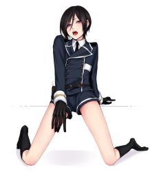Rule 34 | 10s, 1boy, bad id, bad twitter id, black gloves, black hair, black socks, bota (tsuboyan), buttons, double-breasted, gloves, hand on own thigh, highres, legs, looking at viewer, male focus, military, military uniform, necktie, open mouth, pale skin, purple eyes, shorts, simple background, socks, solo, tongue, tongue out, touken ranbu, uniform, white background, yagen toushirou