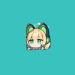 Rule 34 | 1girl, animal ear headphones, animal ears, blonde hair, blue archive, blue background, blue bow, blush, bow, closed mouth, commentary request, fake animal ears, green eyes, hair bow, halo, head only, headphones, midori (blue archive), saebashi, simple background, solo