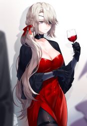 Rule 34 | 1girl, black gloves, black pantyhose, blonde hair, braid, breasts, cowboy shot, cup, dress, drinking glass, eyepatch, gloves, highres, holding, holding cup, large breasts, long hair, original, pantyhose, purple eyes, red dress, side braid, side ponytail, solo, standing, very long hair, waka (shark waka), wine glass