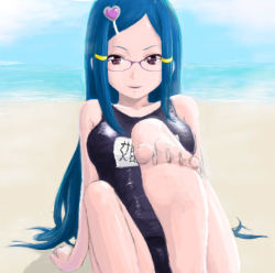 Rule 34 | 1girl, barefoot, beach, blue hair, chairopen, dokitto! bikini-pai, feet, foot focus, foreshortening, glasses, hair ornament, hairpin, heart, himeno anna, long hair, ocean, one-piece swimsuit, school swimsuit, soles, solo, swimsuit, toes
