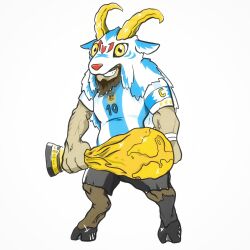 Rule 34 | 1boy, 2022 fifa world cup, argentina, digimon, digimon (creature), fakemon, highres, horns, lionel messi, male focus, muscular, original, smile, solo, world cup, yellow eyes