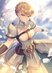 Rule 34 | 1girl, afk arena, armor, armored dress, blonde hair, blue eyes, bow, bow (weapon), braid, breasts, cleavage, cleavage cutout, closed mouth, clothing cutout, commentary request, french braid, hair bun, highres, holding, holding bow (weapon), holding weapon, large breasts, looking at viewer, mashuu (neko no oyashiro), medium breasts, official art, pauldrons, petals, quiver, short hair, shoulder armor, simple background, single hair bun, sleeveless, solo, weapon