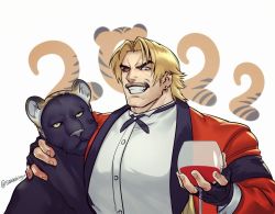 Rule 34 | 1boy, 2022, black panther, blonde hair, buttons, collared shirt, commentary, cup, drinking glass, earrings, english commentary, facial hair, grin, holding, holding cup, jacket, jewelry, long sleeves, looking at viewer, male focus, mustache, panther, red eyes, red jacket, rugal bernstein, shirt, short hair, smile, snaaaking, the king of fighters, twitter username, upper body, white background, white shirt, wine glass, yellow eyes