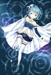 Rule 34 | 1girl, bare shoulders, belt, blue eyes, blue hair, blue skirt, boots, cape, character name, concentric circles, dated, detached sleeves, fortissimo, frilled shirt, frills, from above, full body, gloves, hair ornament, hairclip, hand up, highres, jiinyo (awamoe1207), looking at viewer, lying, magical girl, mahou shoujo madoka magica, mahou shoujo madoka magica (anime), messy hair, midriff peek, miki sayaka, musical note, musical note hair ornament, on back, parted lips, pleated skirt, reflecting pool, reflection, reflective water, shirt, short hair, skirt, solo, soul gem, thigh strap, thighhighs, white gloves, white thighhighs, zettai ryouiki