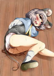 Rule 34 | 1girl, animal ears, arms behind back, ass, bdsm, blush, bondage, bound, bound arms, capelet, collar, dress, embarrassed, grey dress, grey hair, highres, jewelry, loafers, long sleeves, lying, mepikari, mouse ears, mouse tail, nazrin, on side, open mouth, panties, pee, peeing, peeing self, pendant, red eyes, see-through, shirt, shoes, short hair, socks, solo, tail, tears, touhou, underwear, wet, wet clothes, wet panties, white shirt, white socks