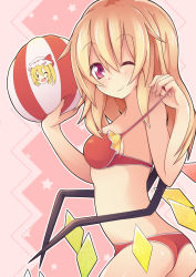 Rule 34 | 1girl, ass, ball, beachball, bikini, bikini pull, blonde hair, blush, clothes pull, cowboy shot, flandre scarlet, highres, kan lee, long hair, looking at viewer, one eye closed, red bikini, red eyes, simple background, smile, solo, swimsuit, touhou, wings