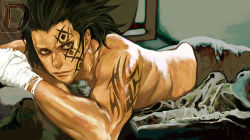 Rule 34 | 1boy, bed sheet, black hair, brown eyes, character name, facial mark, looking at viewer, lying, male focus, monkey d. dragon, muscular, on stomach, one piece, realistic, solo, tattoo, topless male