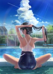 Rule 34 | 1girl, ass, black hair, breasts, closed eyes, clothes pull, cloud, from behind, highres, holding, holding hair, indian style, kawosu shikou, large breasts, long hair, one-piece swimsuit, one-piece swimsuit pull, one-piece tan, original, pool, poolside, school swimsuit, sitting, sky, solo, summer, swimsuit, tan, tanline, thighs, undressing, wet, wet clothes, wet hair, wet swimsuit